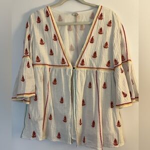 Bohemian RAGA cotton embroidered jacket India shirt festival white red Sz S